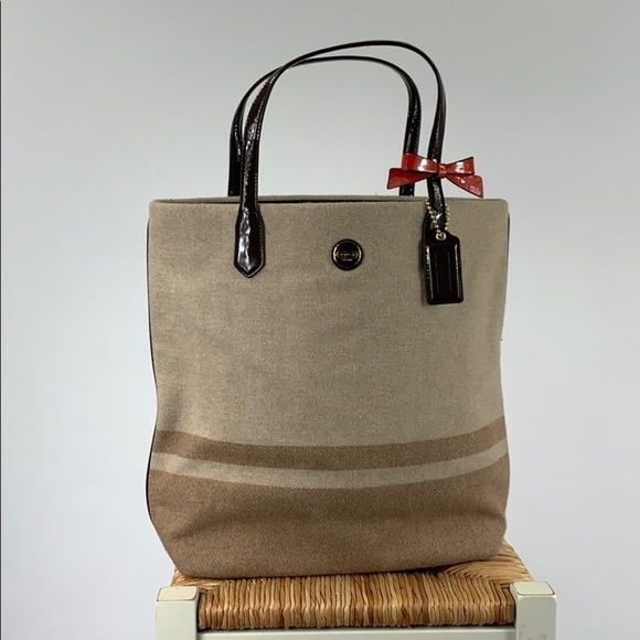 Coach Mahogany & Camel Stripe Wool Shoulder Tote - Picture 1 of 10